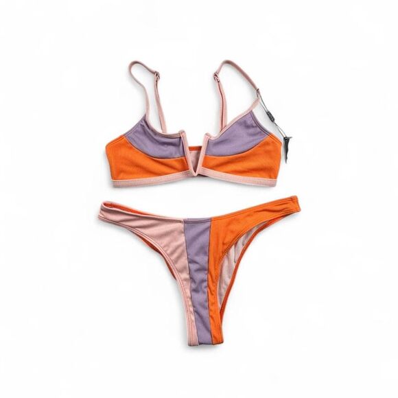 Zaful Other - Zaful Colorblock Ribbed Bikini Set Orange Pink Lavender Women’s Size 6